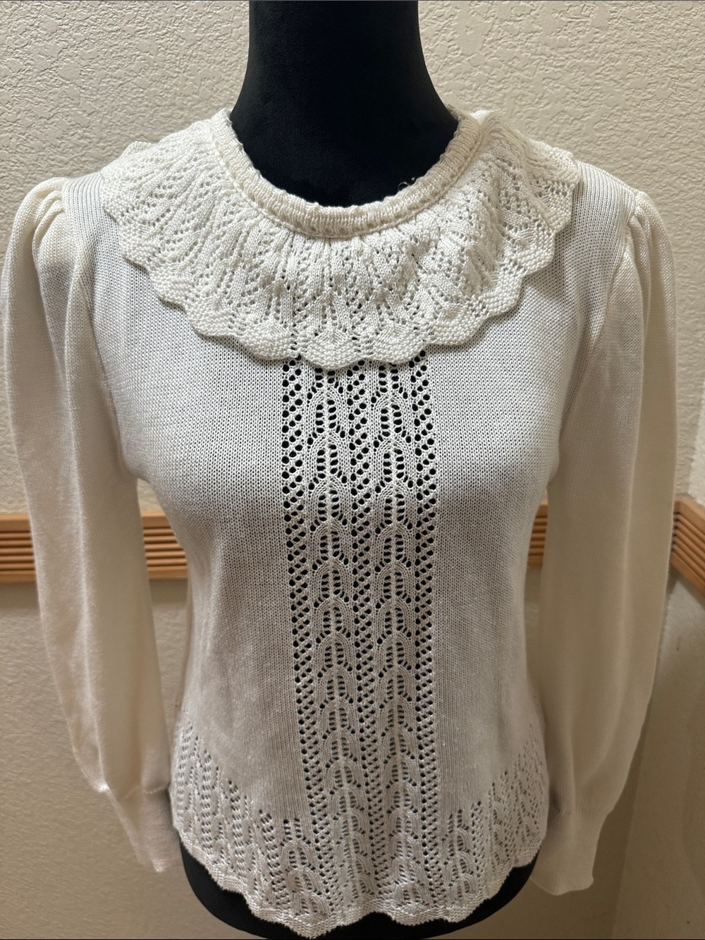 Keren Cream Knit Lace-Detail Sweater with Scalloped Collar